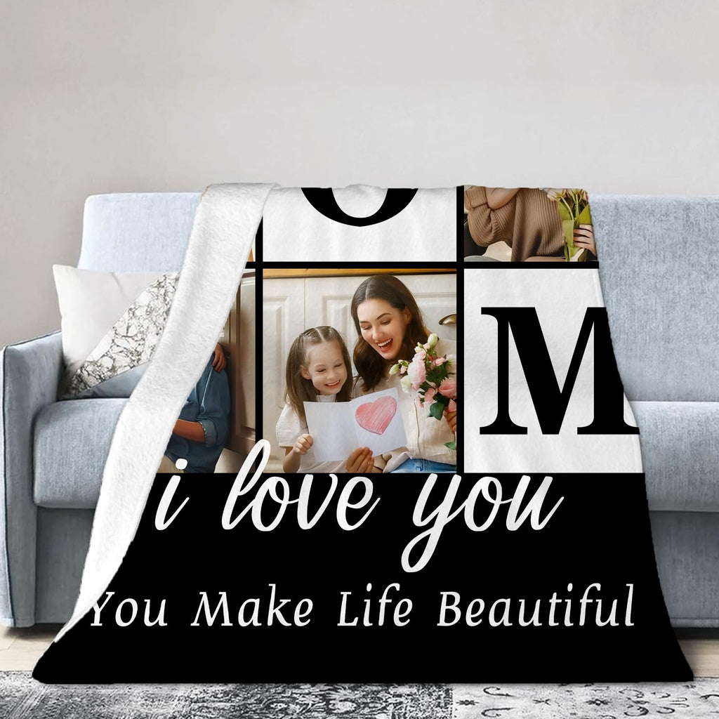 Savilediy Ship Next Day Mothers Day Photo Gifts for Mom from Daughter Son Kids, Custom Blanket with Picture Text for Adult, Personalized Birthday Gifts for Mommy Mama Women Her Wife