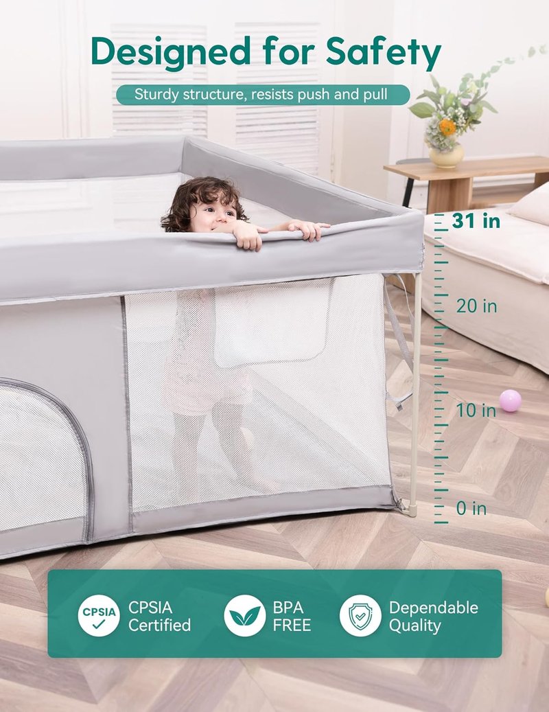 Babelio Foldable Baby Playpen - Portable 54.5" × 54.5" Playard with Mat | Indoor & Outdoor Safety Fence, Grey