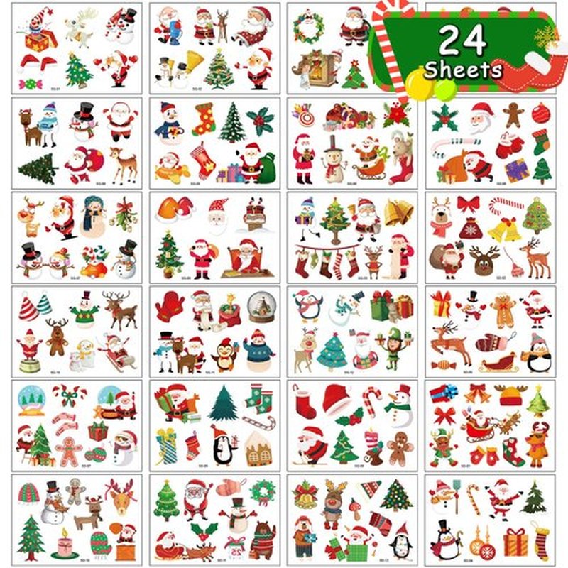 Apeso Christmas Temporary Tattoos for Kids, 24 Sheets Fake Cute Tattoo Stickers Waterproof for Body Face, Birthday Christmas Party Favors Supplies Stocking Stuffers Gifts for Boys Girls