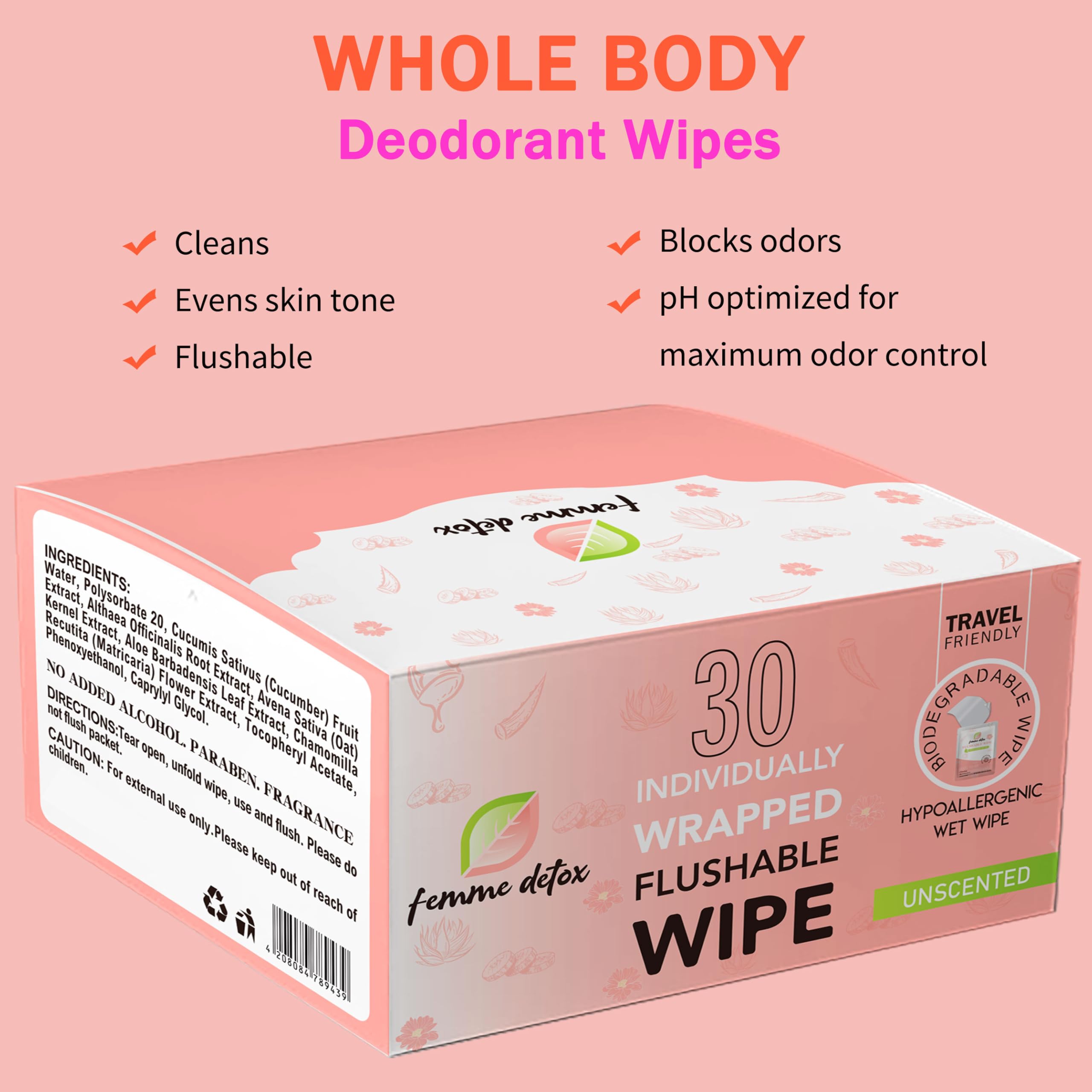 30 Count Flushable Feminine Wipes pH-Balanced & Unscented for Sensitive Skin | Individually Wrapped, Septic-Safe, Aloe-Infused | Travel & Home Use