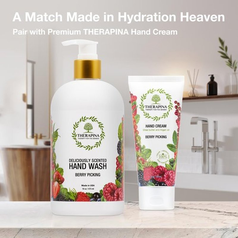 THERAPINA Aromatherapy Luxury Liquid Hand Soap – Vegan, Moisturizing Hand Wash with Aloe Vera, Botanical Oils, Berry Picking Scent – Fancy Liquid Hand Soap for Bathrooms, Kitchen, More, 16 Oz.