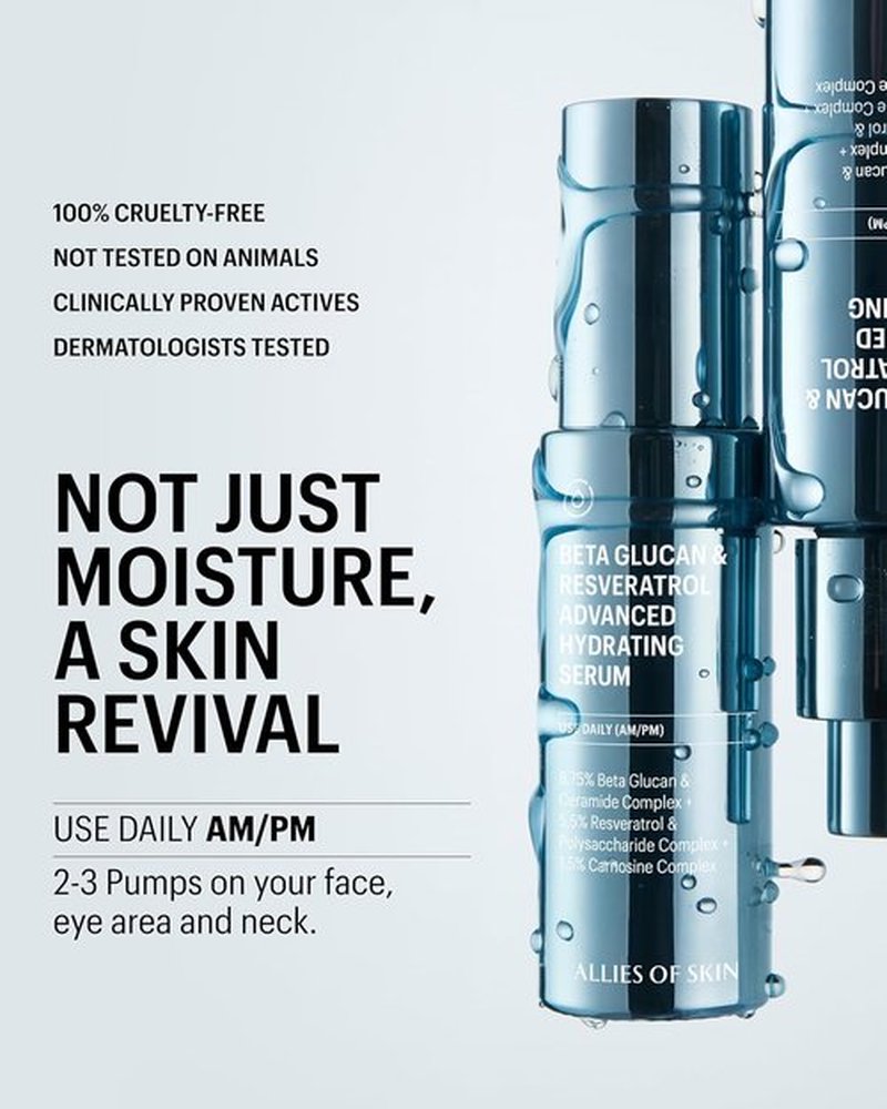 Allies of Skin Beta Glucan & Resveratrol Hydrating Serum - Plumping Face Serum with Ceramides & Peptides | 1 Fl Oz for Sensitive, Dry Skin