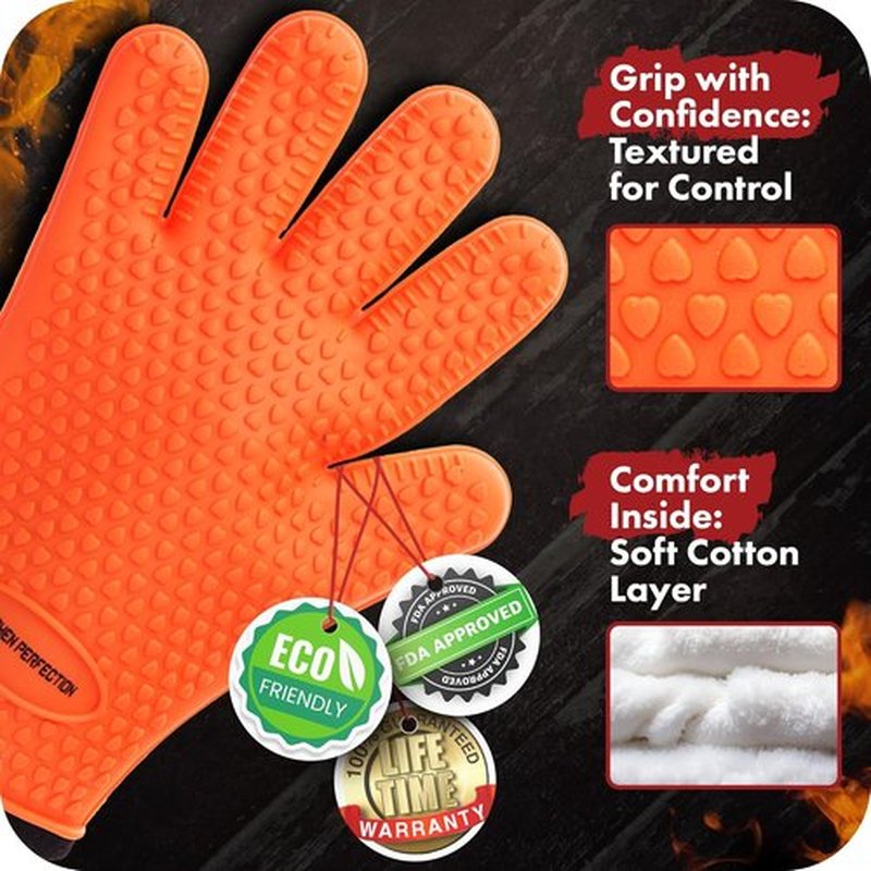 KITCHEN PERFECTION Silicone Smoker Oven Gloves - Extreme Heat Resistant BBQ Mitts | Waterproof & Versatile for Grilling, Frying & Smoking | Bonus Set Included
