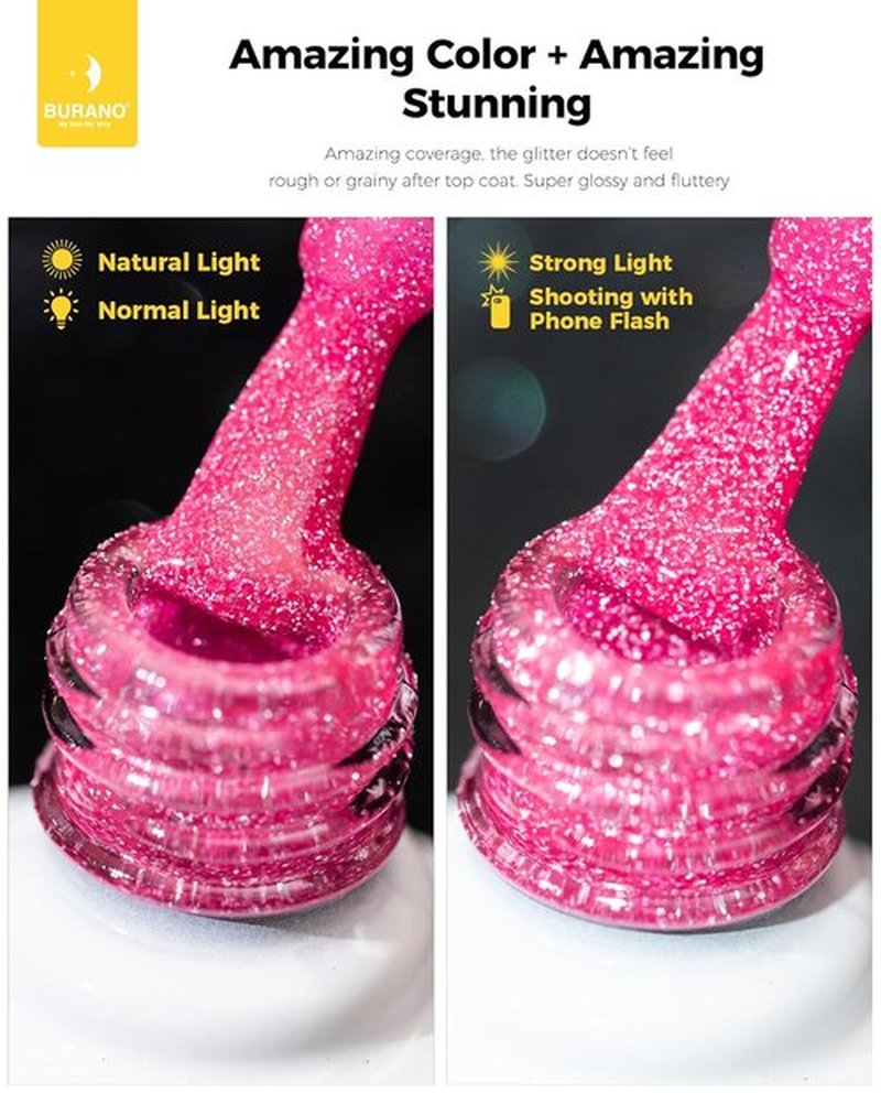BURANO Hot Pink Reflective Glitter Gel Nail Polish - UV LED 7.3ml Holographic Sparkle for DIY Nails