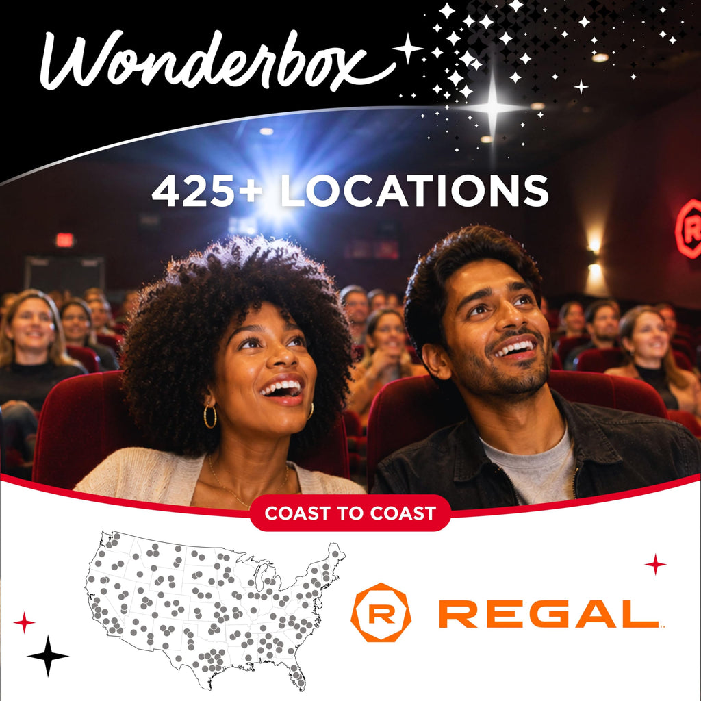 WONDERBOX - Regal Movie Gift Box – 2 Tickets, 2 Drinks & 2 Candies – Movie Night Experience for 2 – Valid at 425 Regal Locations in the US