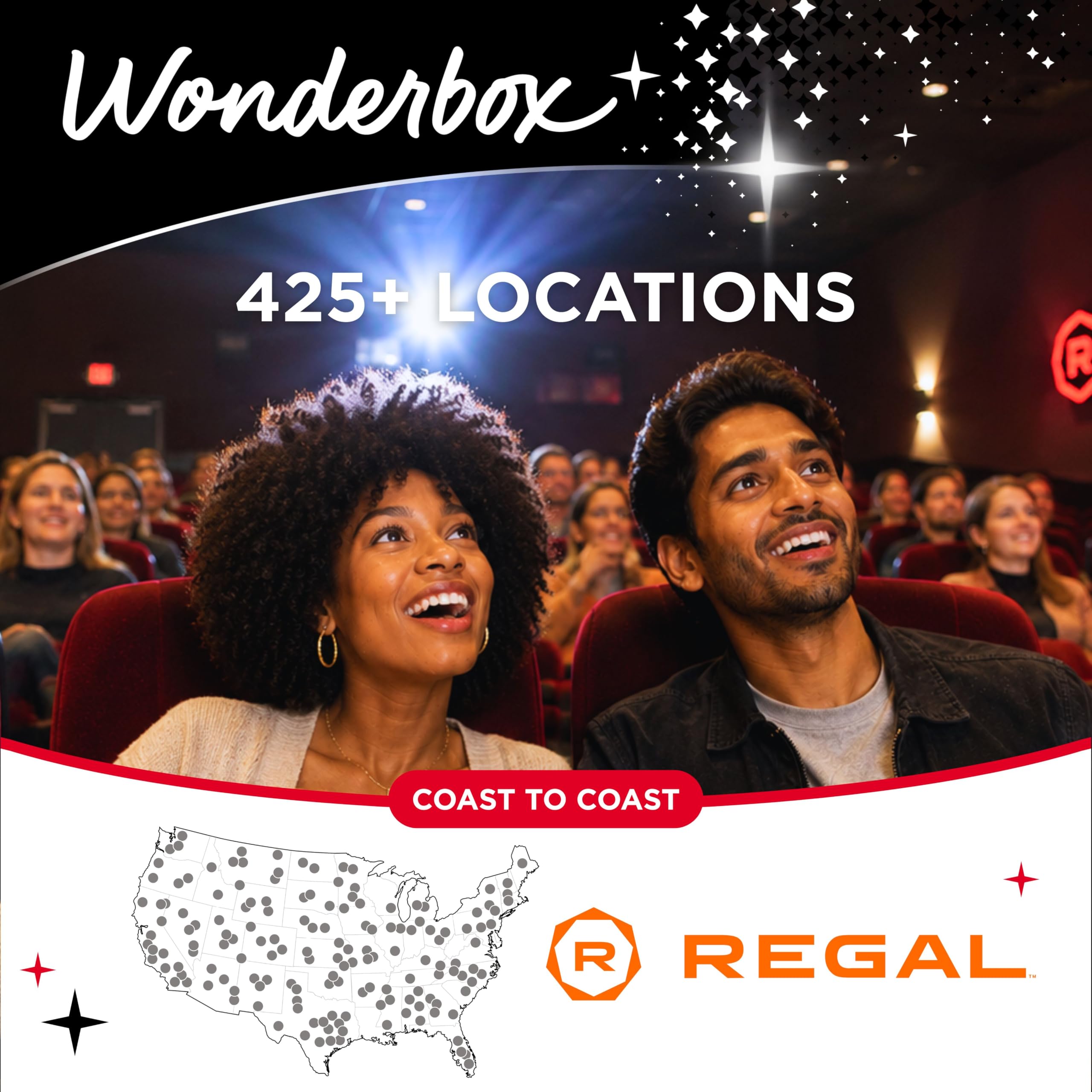 WONDERBOX - Regal Movie Gift Box – 2 Tickets, 2 Drinks & 2 Candies – Movie Night Experience for 2 – Valid at 425 Regal Locations in the US