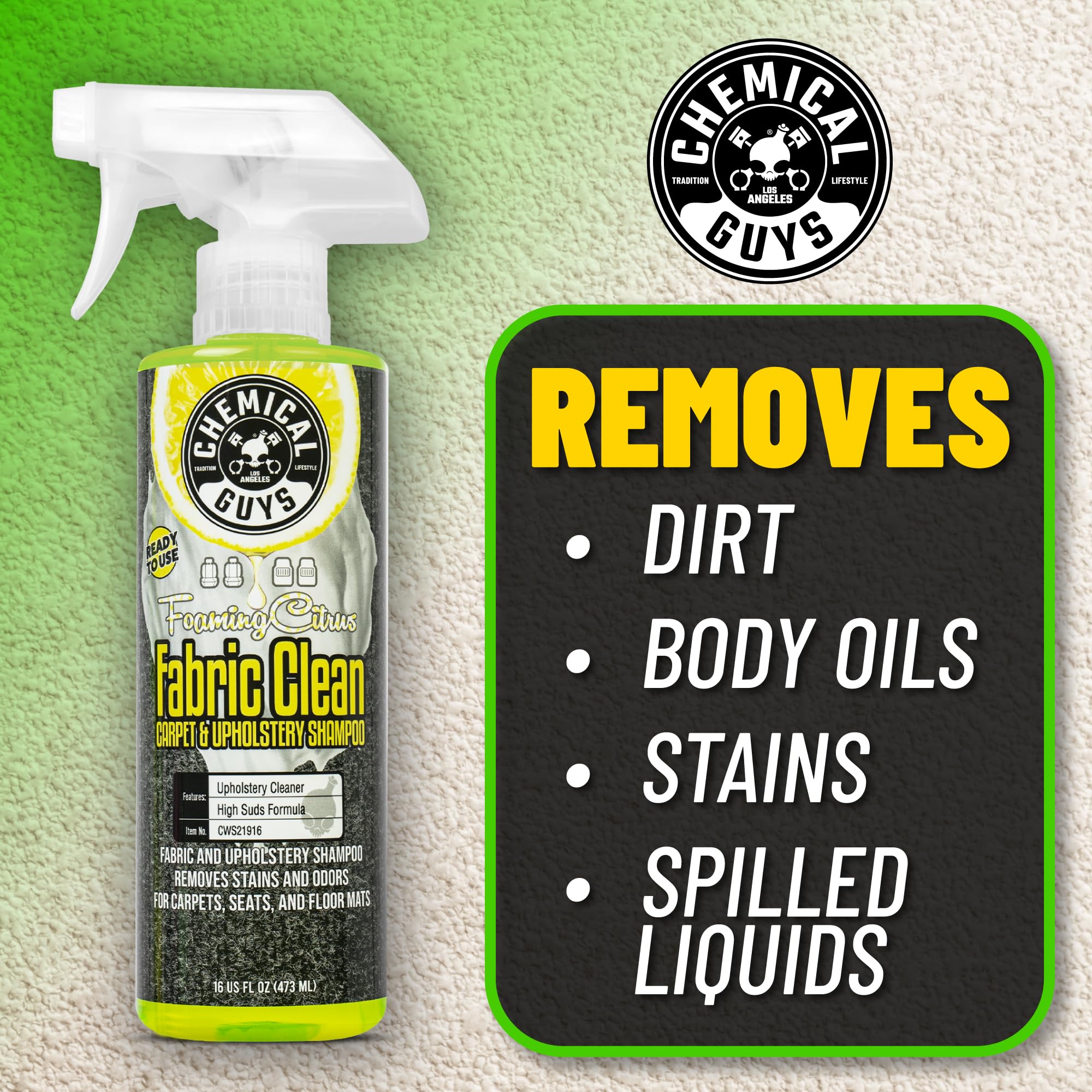 Chemical Guys Foaming Citrus Fabric Clean Carpet & Upholstery Cleaner - Car Carpet Cleaner Spray for Seats and Floor Mats, Removes Stains &Odors, Safe for Cars, Home and Office, 16 oz Citrus Scent