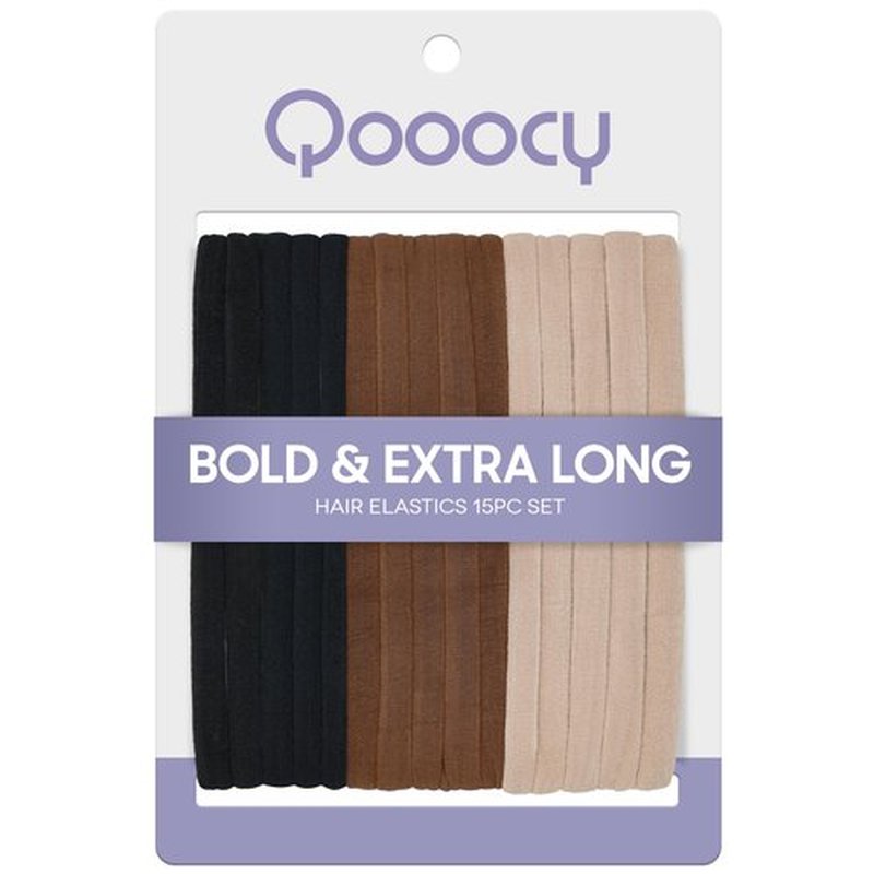 Qooocy Long & Curly Fit Hair Ties - Damage Free Hair Ties - Seamless Long Thick Elastics Hair Accessories - No Snagging, Dents, or Breakage (15 Count), Classic