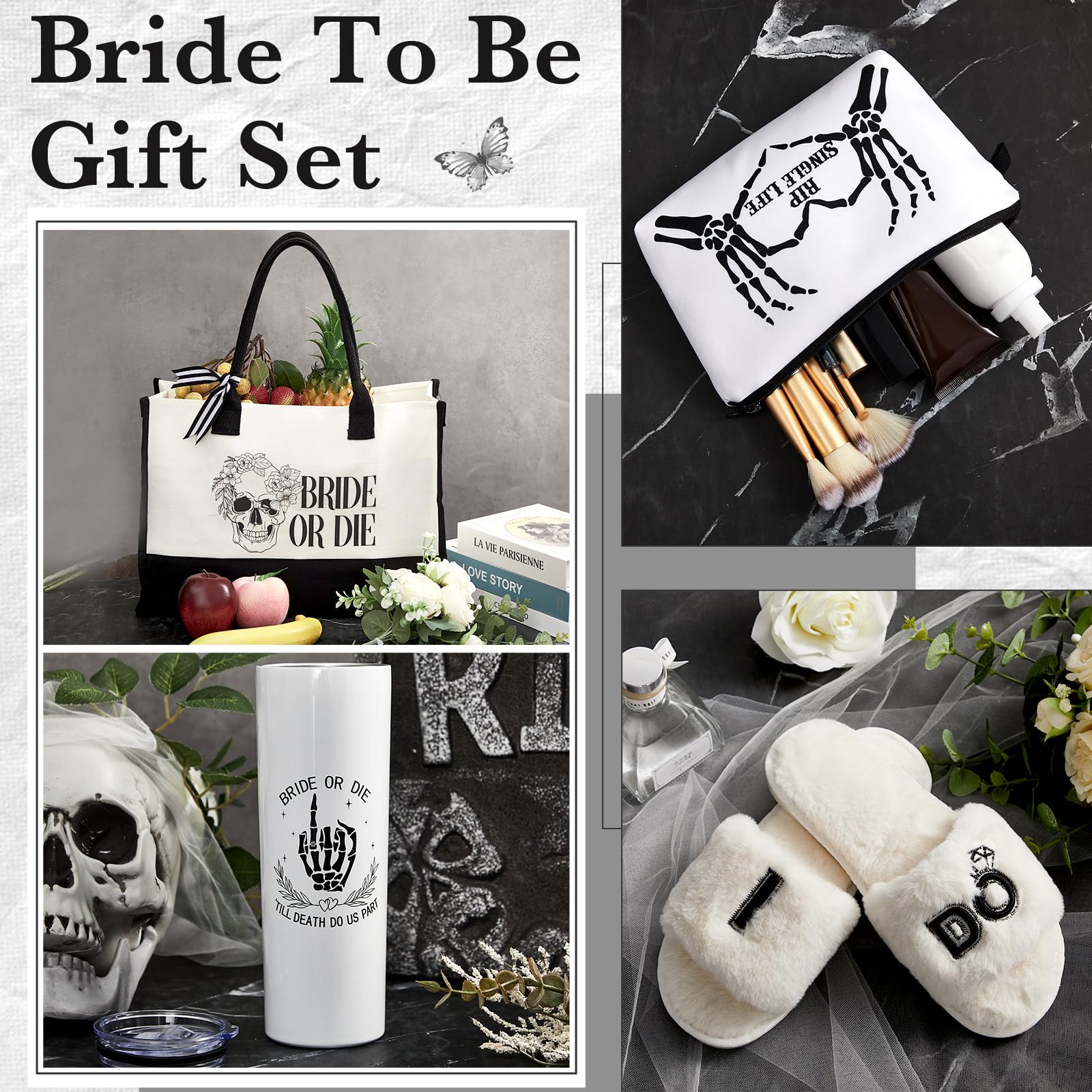 Cosblank 4 Pcs Bride Gifts for Bridal Shower – Bride or Die Bachelorette Gift Set, 20oz Stainless Steel Tumbler, Canvas Tote Bag, Makeup Pouch & Cozy Bridal Slippers, Wedding Morning Gift