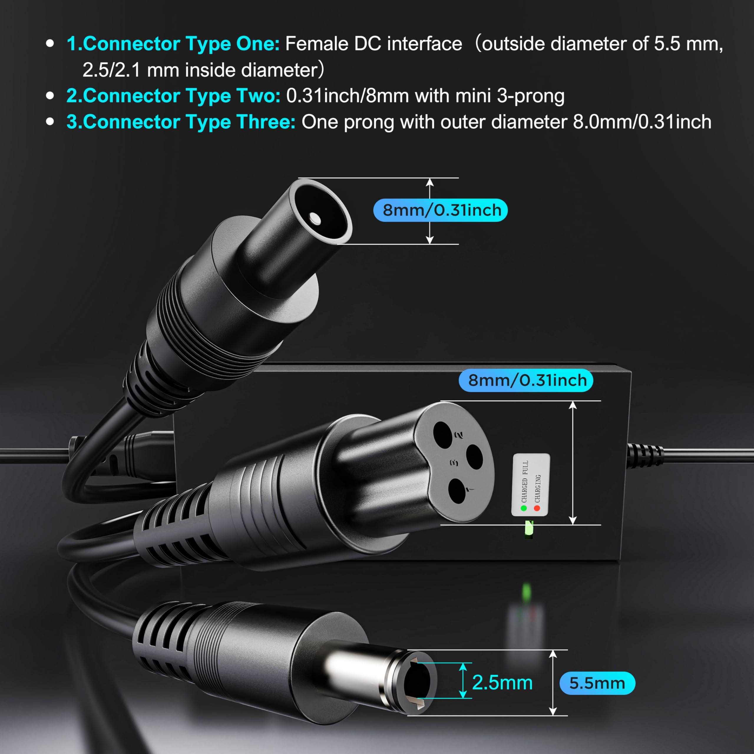 EVAPLUS SGS Certified 42V 2A Fast Charger with 3 Types of Connectors, for 36V Lithium Batteries- Compatible with Pocket Mod, Sports Mod, Electric Scooters