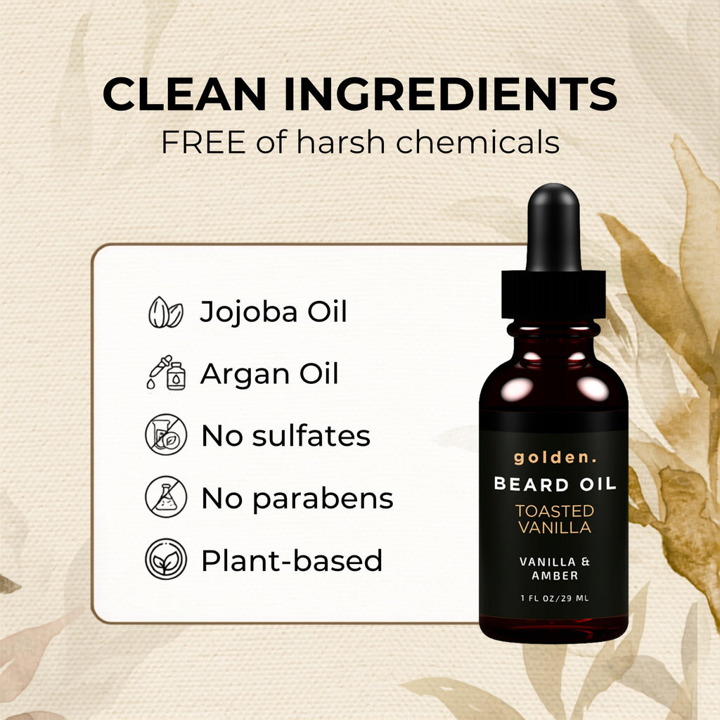 Golden Grooming Beard Oil for Men - Natural Beard Conditioner with Sweet Almond, Golden Jojoba & Argan Oil - Hydrating Beard Softener with Vitamin E - Toasted Vanilla, 2oz