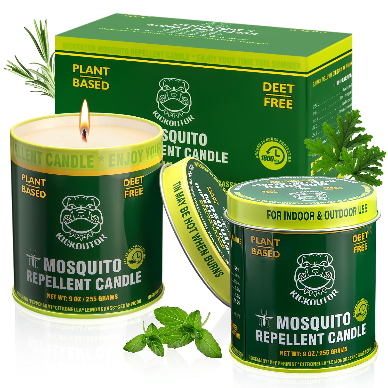 KICKOUTOR® Mosquito Repellent Citronella Candles Outdoor, 2-Pack | Total 18 Ounce 60-Hour DEET-Free Bug Protection for Patio Camping Picnic Backyard Room, Infused with 5 Plant Essential Oils