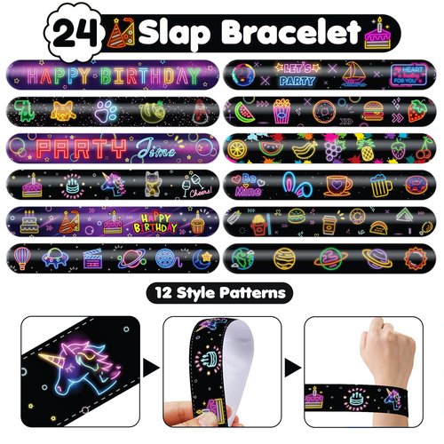 Cherisnowy 72 PCS Neon Party Set - 48 Neon Temporary Tattoos, 24 Slap Bracelets Wristbands - Fun Glow Party Supplies for Birthday, Baby Shower, Classroom Rewards, Decorations & Gifts for Kids