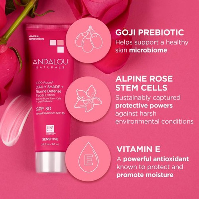 Andalou Naturals Daily Shade Face Sunscreen, 1000 Roses, SPF 30 Mineral Sunscreen with Zinc Oxide, Skin Barrier Defense + Broad Spectrum Protection, Gentle & Soothing, for Sensitive Skin - 2.7 Fl Oz
