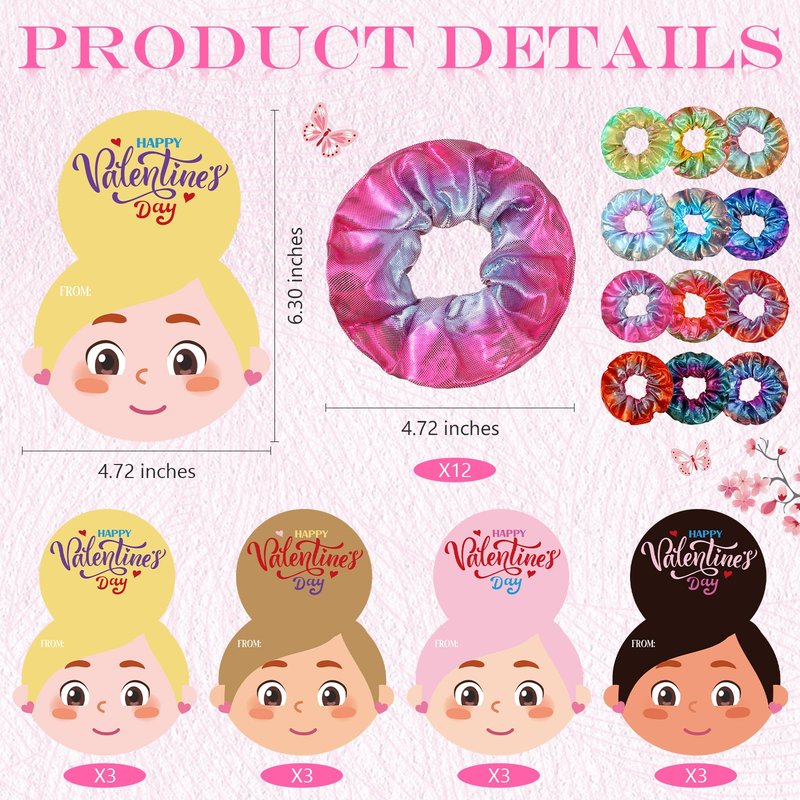 XunYee 24 Pcs Valentine's Day Hair Scrunchies with Card 12 Tie Dye Velvet Scrunchies 12 Valentines Exchange Gift Cards for Party Favors Goody Bag Filler(Metallic Color)