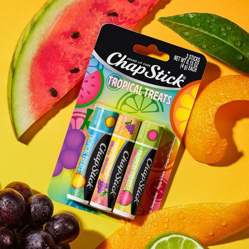 ChapStick Lip Care, Tropical Treats Collection (9 Sticks) – Electric Tangerine, Fizzy Grape & Zingy Watermelon Lip Balm, 0.15 Oz Ea