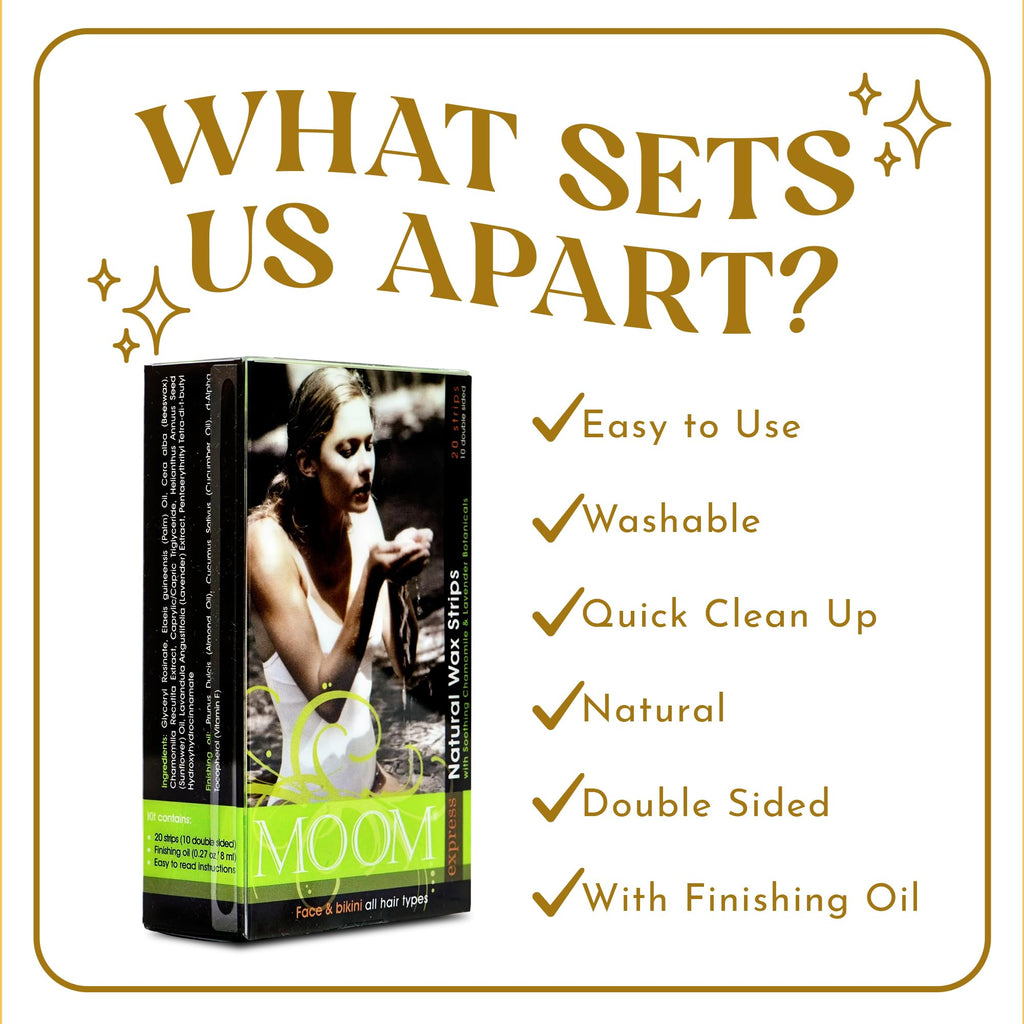 MOOM Express Ready to Use Wax Strips for Hair Removal - Bikini Line & Face Wax Strips - Waxing Strips for women with Chamomile & Lavender and 0.27 Finishing Oil, 10 Dual Sided Strips (20 Count)