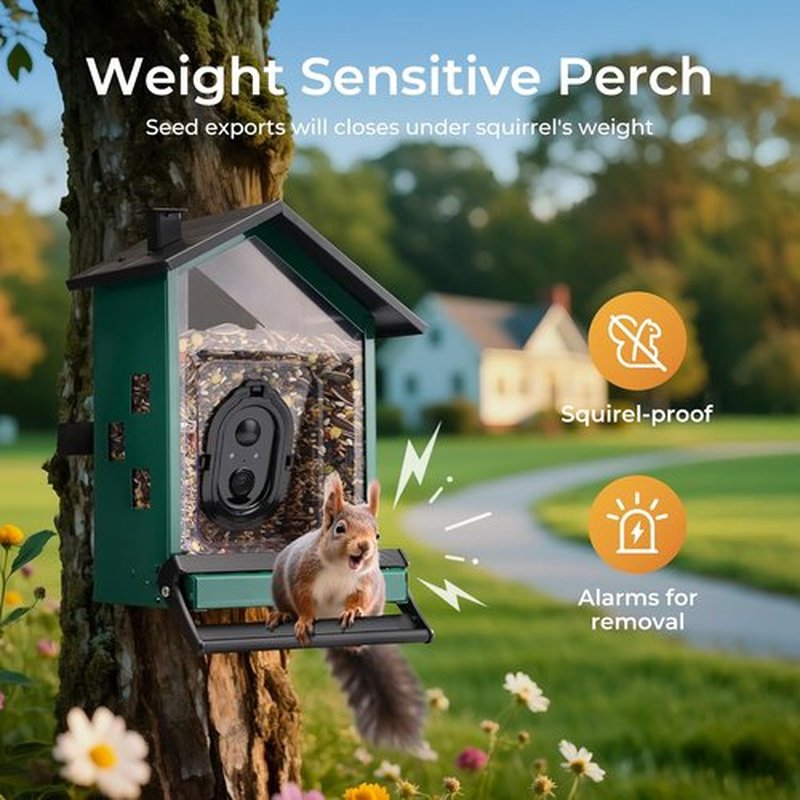 TT Nature Smart Bird Feeder - Solar-Powered Camera with AI Bird Identification & Squirrel-Proof Design | 3.2L Capacity, Green