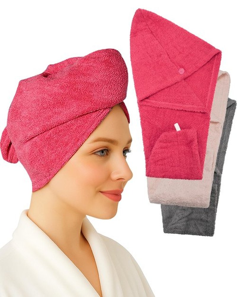 Textila 100% Cotton Hair Wrap Towels for Women, (Pack of 3 - Raspberry, Pink & Grey) Head Towel Cap, Cotton Hair Turban Towel Wrap for Long Curly Anti Frizz Hair, Soft and Absorbent Cotton Hair Towels