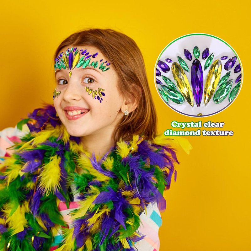 Wehhbtye 4 Set Mardi Gras Face Jewels Stickers, Self-Adhesive Mardi Gras Eye Gems Sticker, Glitter Face Crystals Decoration for Women Party Costume Cosplay Makeup Dress-up Decor