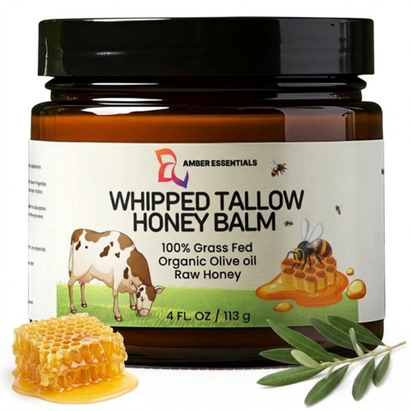 Beef Tallow for Skin & Face, Whipped Tallow Honey Balm Cream, 100% Grass-Fed Beef Tallow Face Moisturizer with Raw Honey, Natural Body Lotion & Skin Care for Women & Men, Unscented 4.2 oz