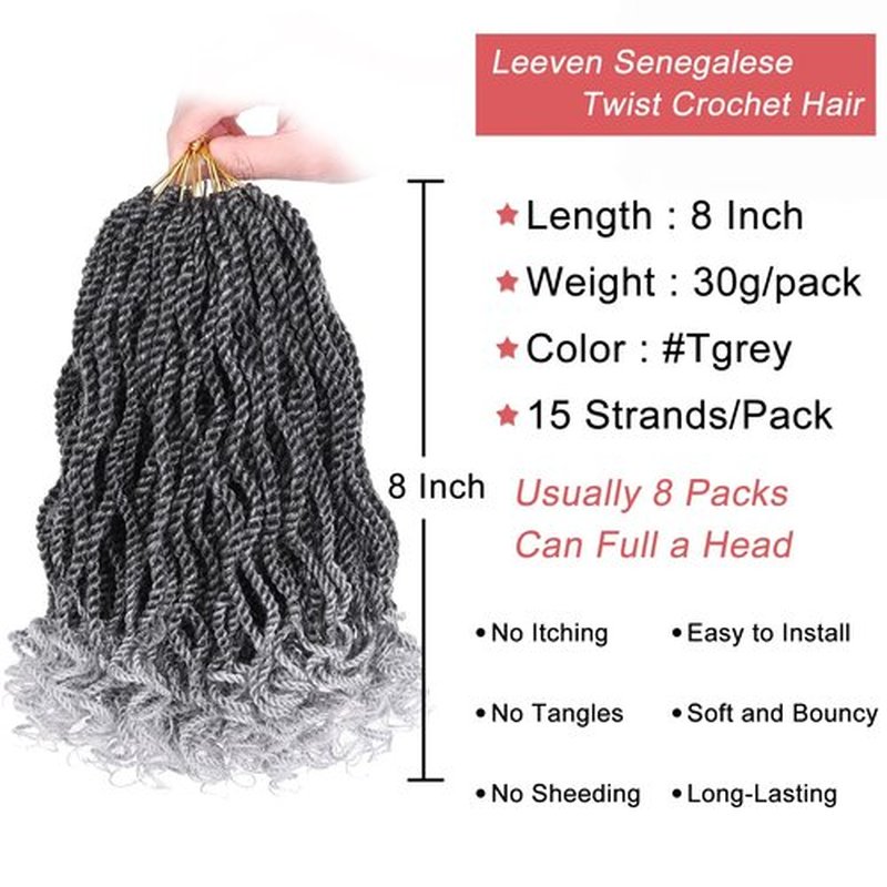 Leeven 8 Inch Wavy Senegalese Twist Crochet Hair 8 Packs Ombre Grey Pre Looped Short Micro Twist with Curly Ends, Small Hanava Twist, Synthetic Crochet Braids for Women Girl Kids