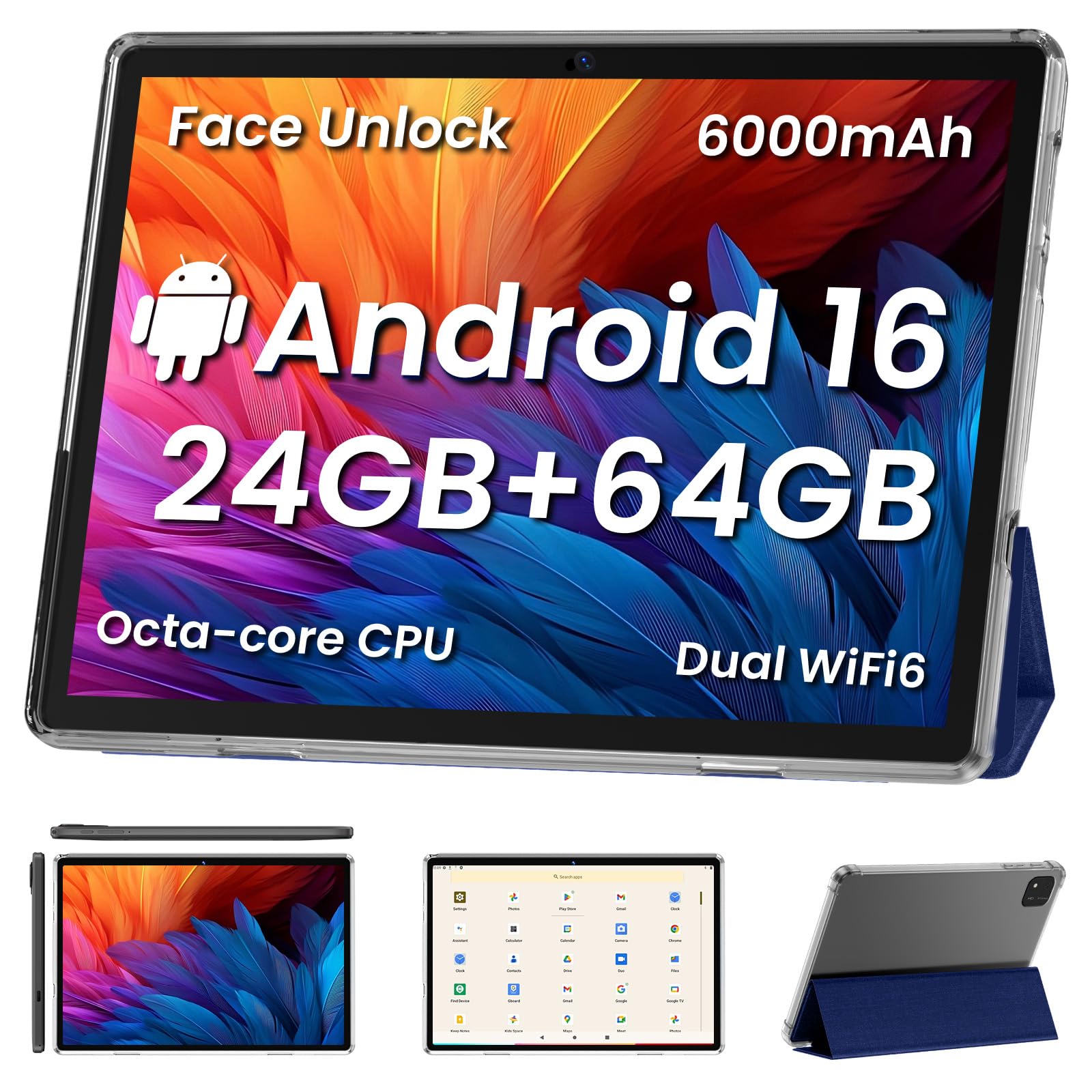 COLORROOM Android16 Tablet,10inch Tablet with Case, Octa Core CPU,Blue