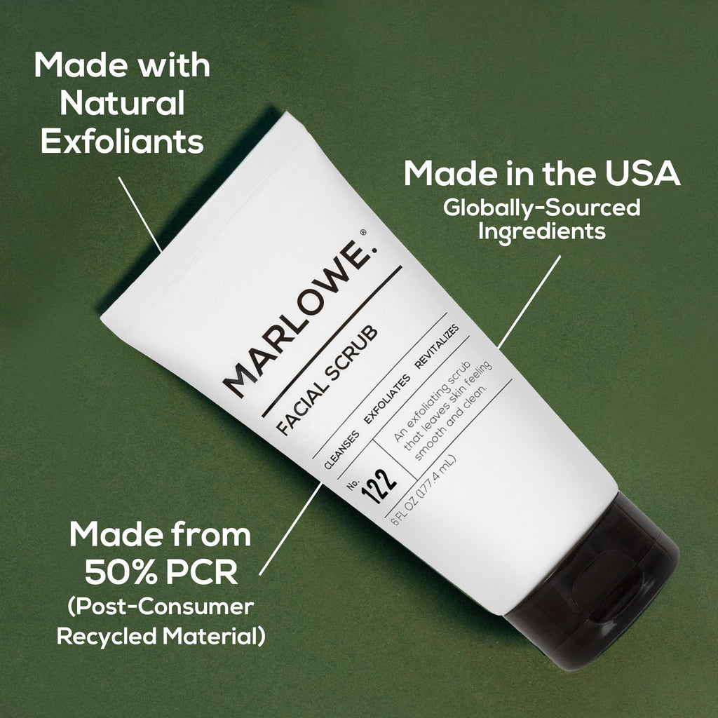 MARLOWE. Facial Scrub for Men, 6 oz, Exfoliating & Refreshing Gentle Face Exfoliator, Cleanses, Smooths, Revitalizes Skin, Clean Vegan Formula with Apricot Seed Powder & Pumice, Fresh Sage & Fir Scent