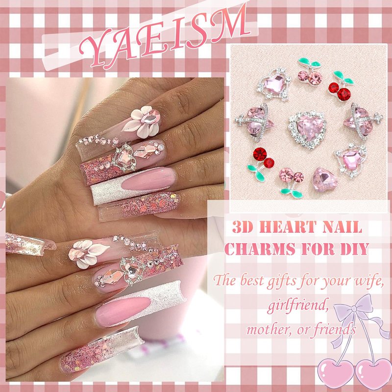 YAEISM 30PCS Pink Heart Nail Charms 4 Types Crystal Nails Gems 2 Color Shiny Cherry Nail Charms Luxury Nail Rhinestones for Women Nail Art and DIY Crafts Decoration