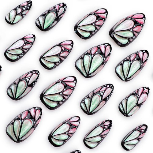 Almond Press on Nails,Short Fake Nails Almond Shape with Butterfly Designs Acrylic False Nails 3D Nails Press Ons Glue on Nail 24pcs for Girl