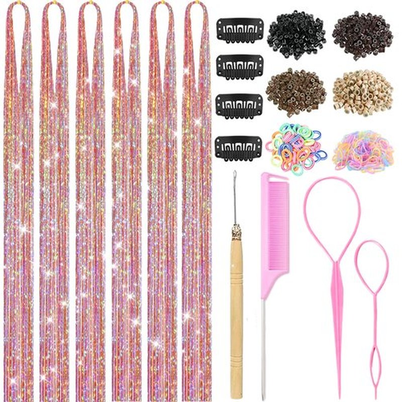 Hair Tinsel with Tools, Fairy Hair Tinsel Kit for Girls 1800 Strands Extensions, 48 Inch Heat Resistant Holographic Colored Hair Glitter Christmas Sparkle Party Halloween Festival (Gold-silver-pink)