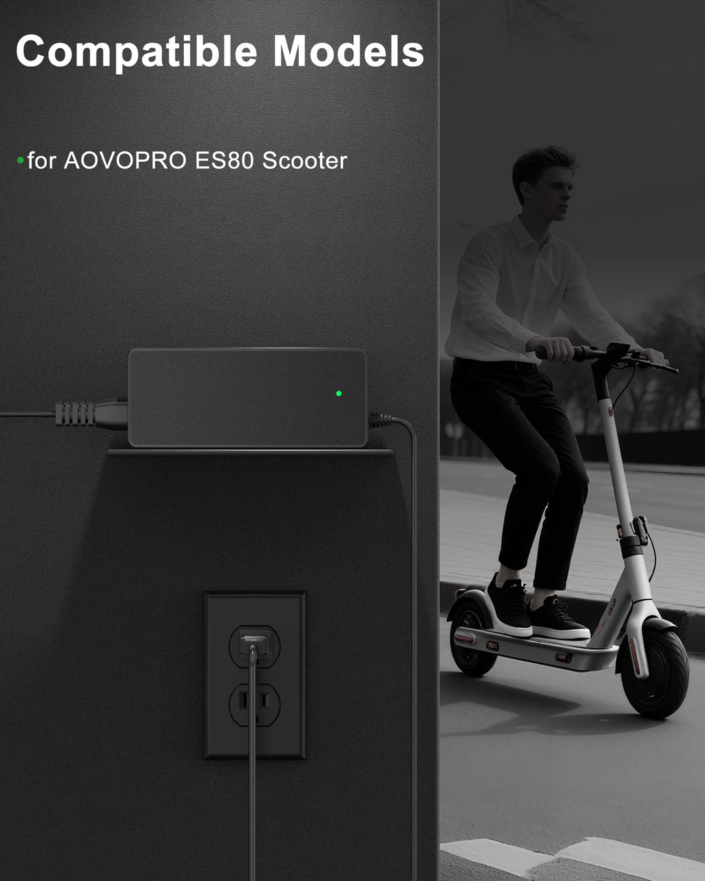 VHBW 42V 2A Electric Scooter Charger Compatible with AOVOPRO ES80, 9.8ft Power Cord with LED Indicator, Replacement Charger for AOVOPRO Electric Scooter