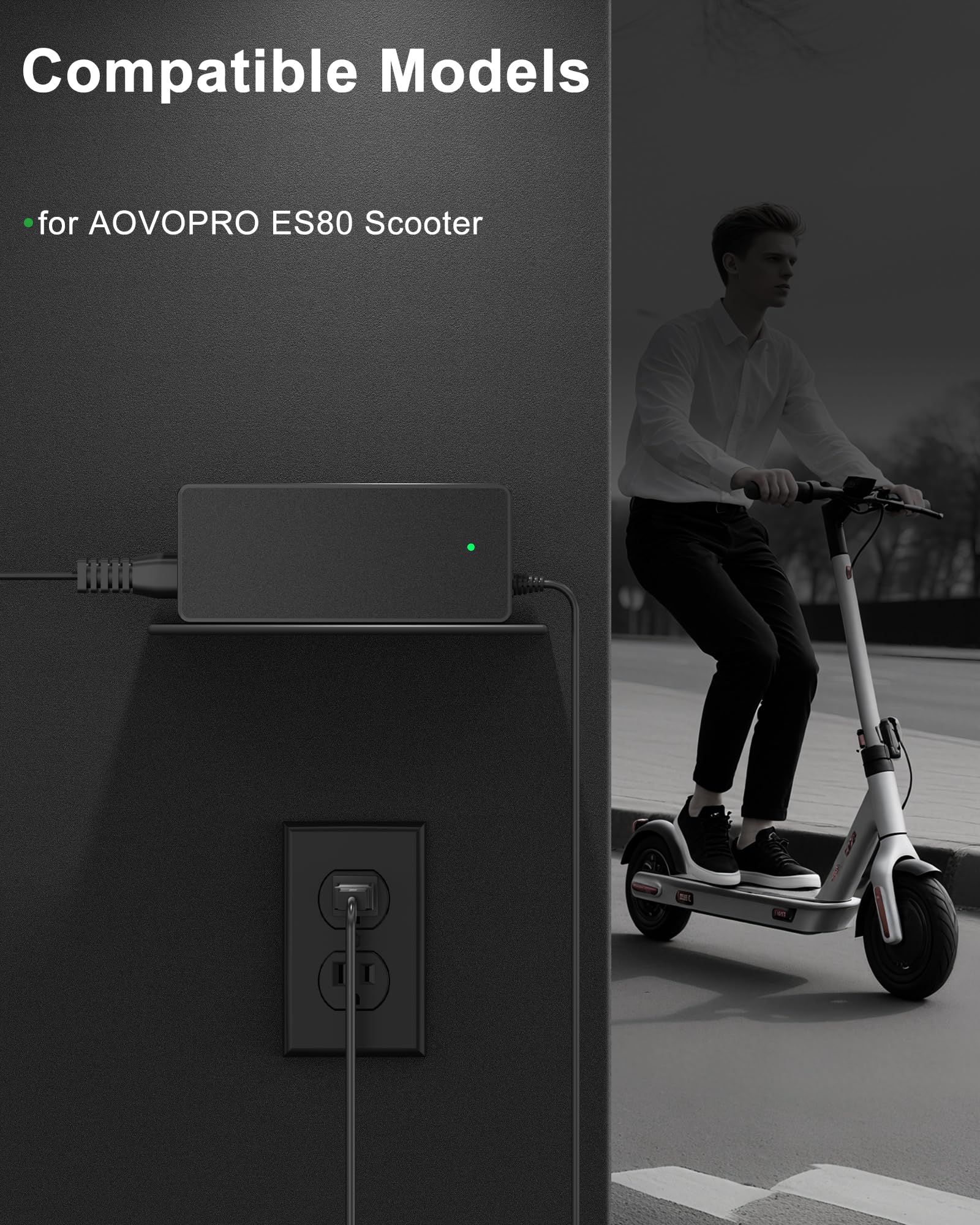 VHBW 42V 2A Electric Scooter Charger Compatible with AOVOPRO ES80, 9.8ft Power Cord with LED Indicator, Replacement Charger for AOVOPRO Electric Scooter