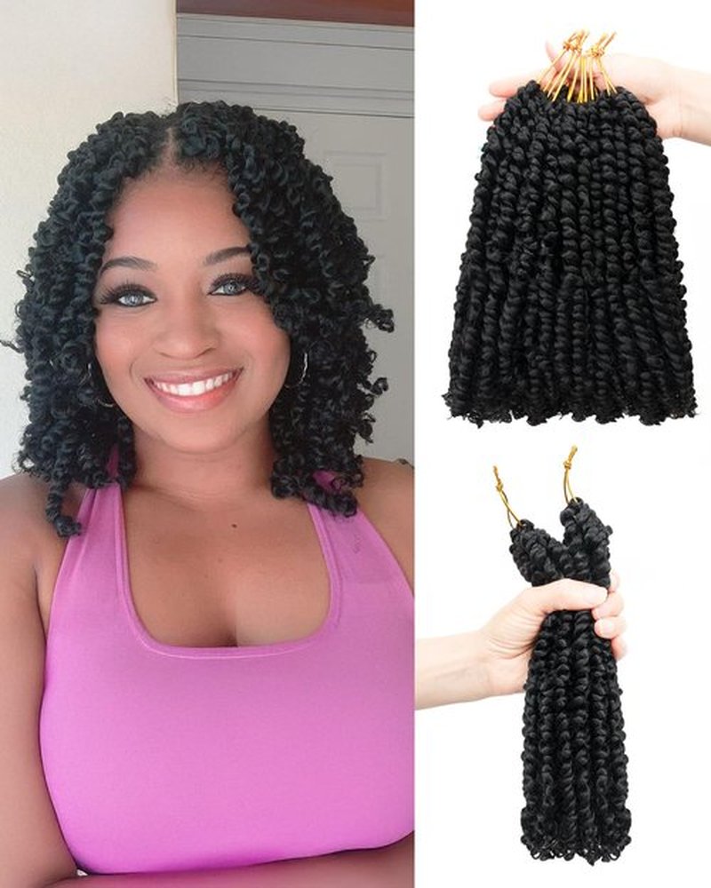 Passion Twist Crochet Hair for Black Women-10 Inch 8 Packs Natural Black, Pre Looped Pretwisted Hair Extensions,Braided by Synthetic Spring Kinky Twist Bohemian Curl(10"-8P,1B)