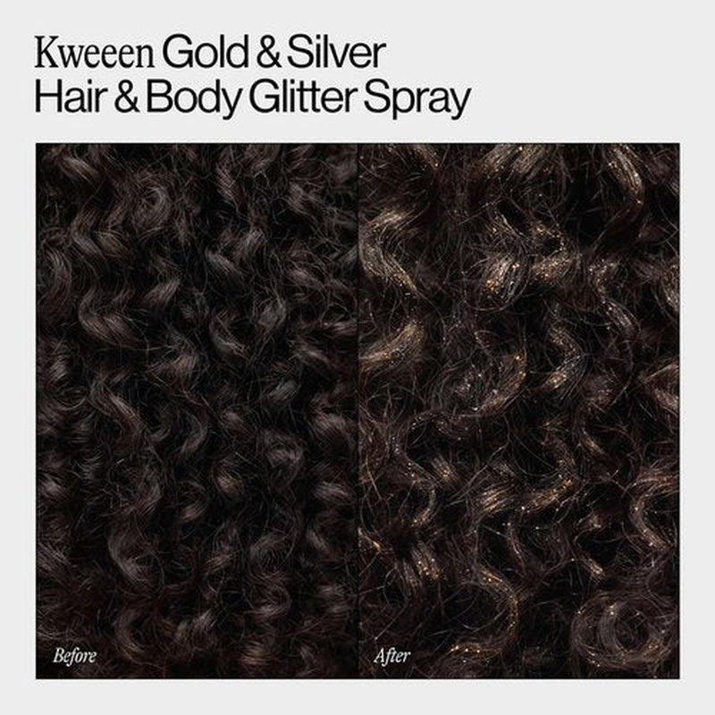 Eva NYC Kweeen Gold Hair and Body Glitter Spray - Ultra Shimmery Gold Glitter Formula - Adds Shine + Non-Sticky - Quick Drying Sparkle Spray for Hair and Body - Warm Vanilla Scent - 4.9 oz