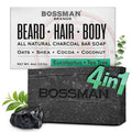 Bossman 4-in-1 Charcoal Soap Bar - All-Natural Men's Beard Wash, Shampoo, Body Wash & Shaving Solution | 4 oz Eucalyptus & Tea Tree Scent