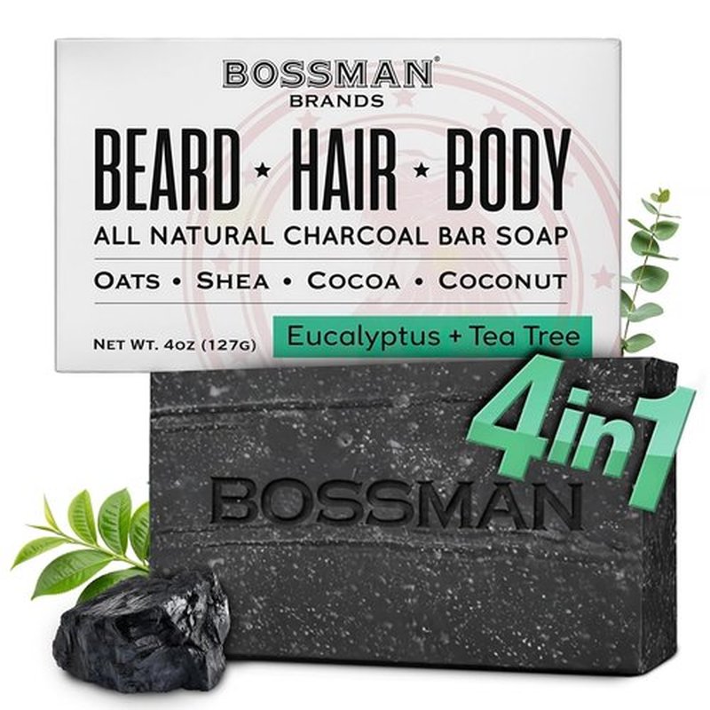 Bossman 4-in-1 Charcoal Soap Bar - All-Natural Men's Beard Wash, Shampoo, Body Wash & Shaving Solution | 4 oz Eucalyptus & Tea Tree Scent