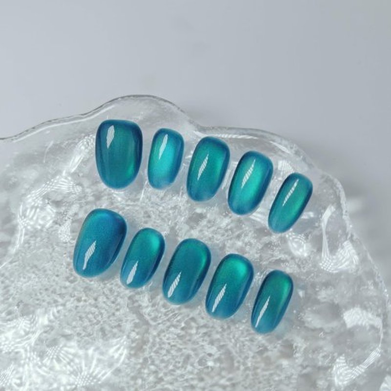 Cat Eye Press on Nails Handmade Short Oval/Square/Round False Nails with French Tip/Aurora/Magnetic Shimmer Designs (Jelly#Ice Lake, Small)
