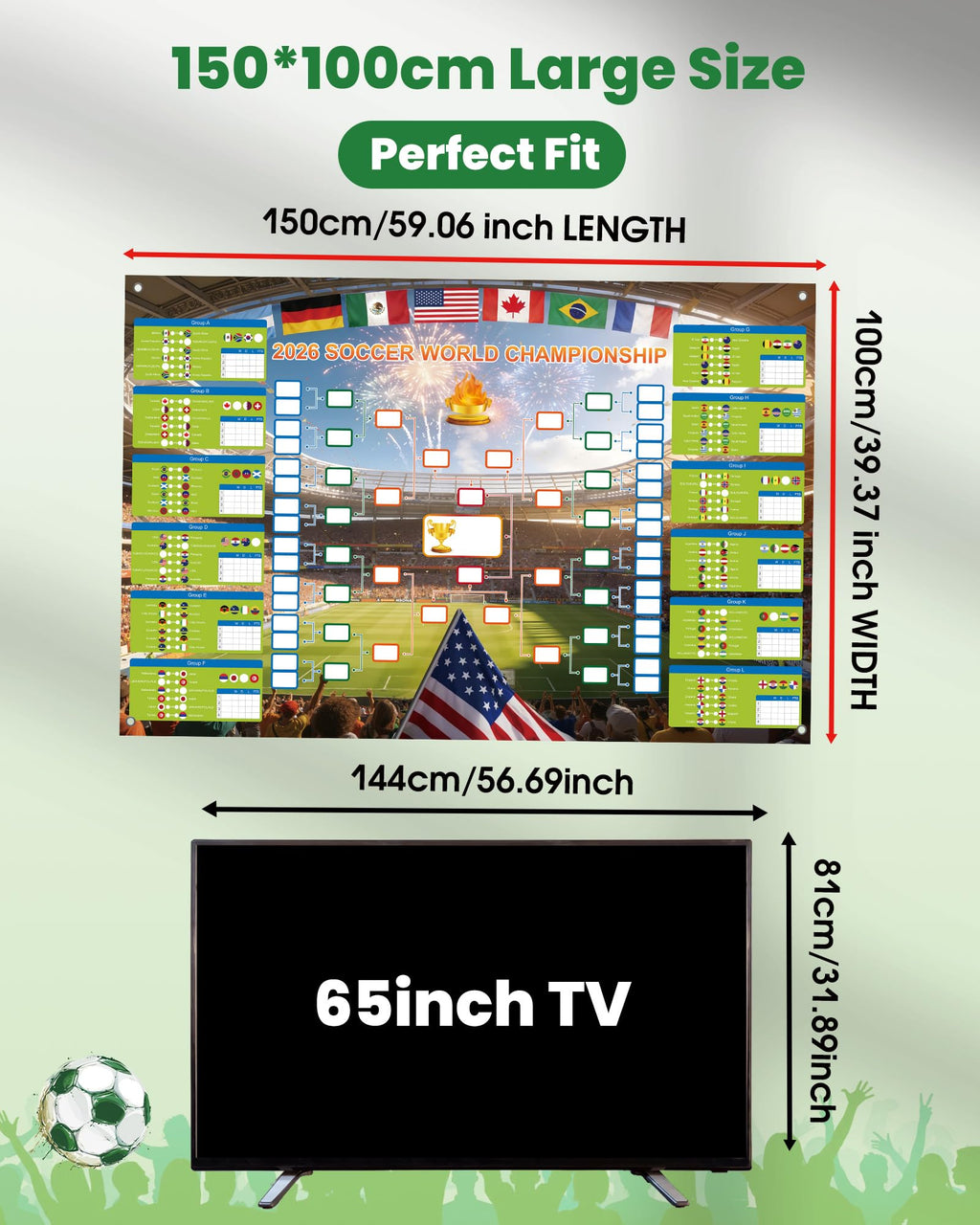 GAMSOD 2026 World Cup Schedule Poster – 39x59 Inches Tournament Bracket Wall Chart with Reusable National Flags Sticker& Hooks, DIY Predict Game Results, Great Soccer Fan Gift for Game Day Party