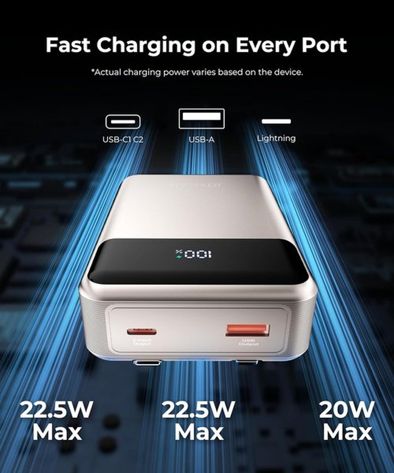 JOYFAR Portable Charger - 30000mAh Power Bank with Built-In Cable | Fast Charging for iPhone & Android (Gold)
