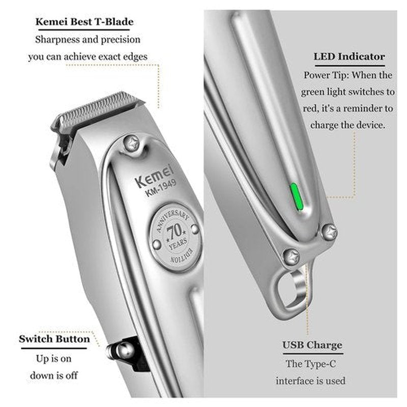KEMEI Professional Beard and Hair Trimmer for Men, Cordless T-Blade Trimmers, Electric Hair Clippers for Barbers and Stylists, All Body Grooming Model 1949