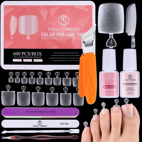 Square Toe Nail Tips Long: Sweet Trend Full Cover Toenail Tips Soft Gel - 600Pcs 15Sizes Pre-etched Matte Press on Nail Extension Kit - Glue & Remover Slanted Clipper Set for Home Salon DIY Soak Off