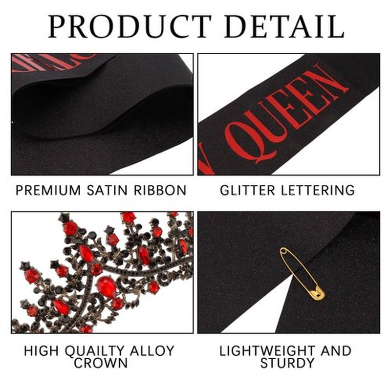 COCIDE Black Red Birthday Queen Sash for Women Happy Birthday Crowns Princess Tiaras Sashes for Girl Crystal Party Decorations Rhinestone Headband Supplies Decor
