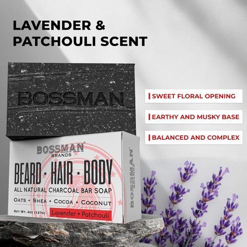 Bossman 4-in-1 Charcoal Soap Bar - All-Natural Men's Soap for Beard, Hair, Body & Shaving | 4 oz, Lavender & Patchouli