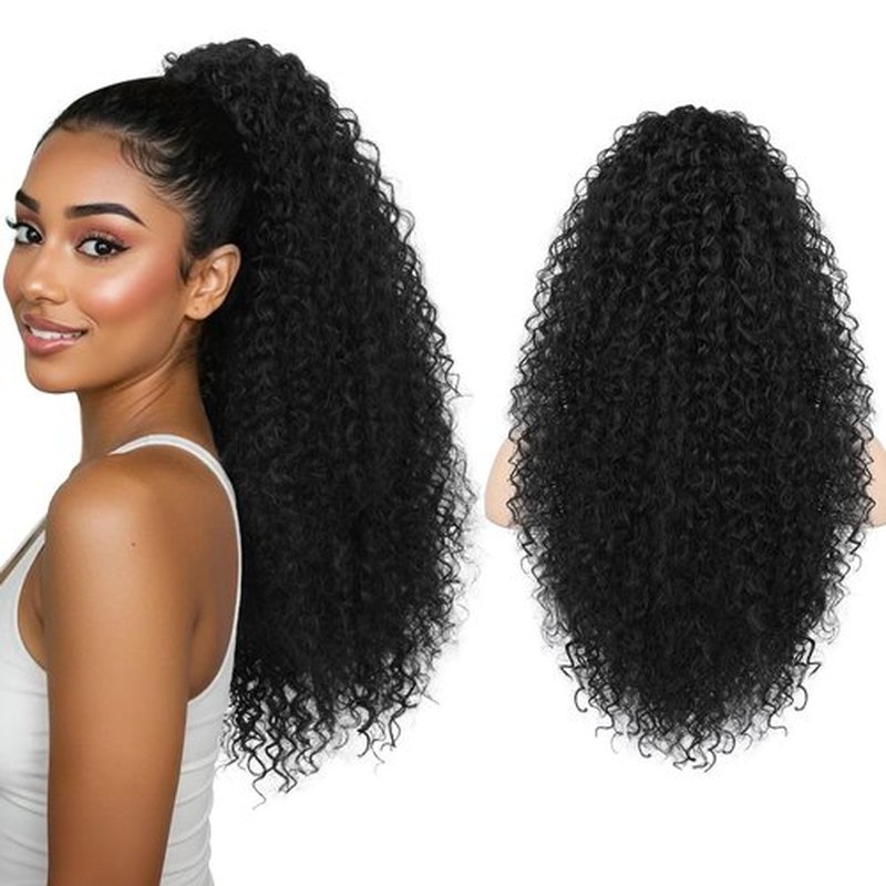 REECHO Ponytail Extension - 26" Long Curly 2-in-1 Claw Clip & Drawstring Ponytail Hair Extensions 100% Super Protein Pony Tail Hairpieces for Women - Jet Black