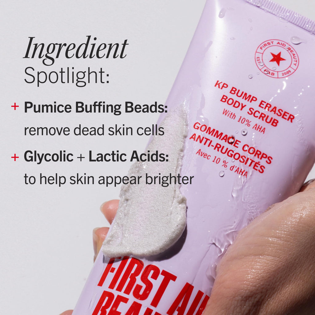 First Aid Beauty KP Bump Eraser Body Scrub with 10% AHA - Dermatologist-Tested Keratosis Pilaris Exfoliator - Support for Rough Bumps, Uneven Skin Texture & Strawberry Skin - Sensitive Skin - 10 oz