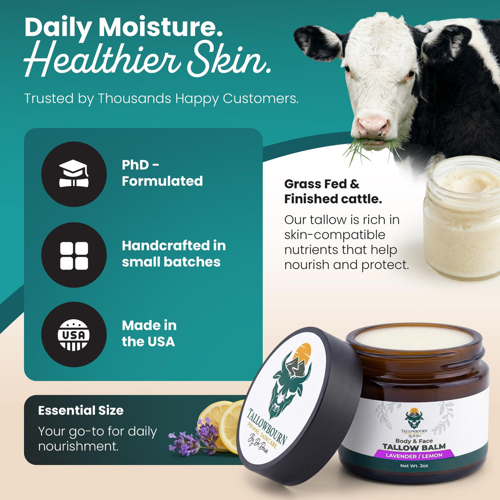 Tallowbourn Grass-Fed Beef Tallow Balm for Face & Body – Nourishing Moisturizer with Shea Butter, Jojoba Oil, Honey & Beeswax – Revitalizing Hydration for Dry Skin – Lavender and Lemon – 2 oz