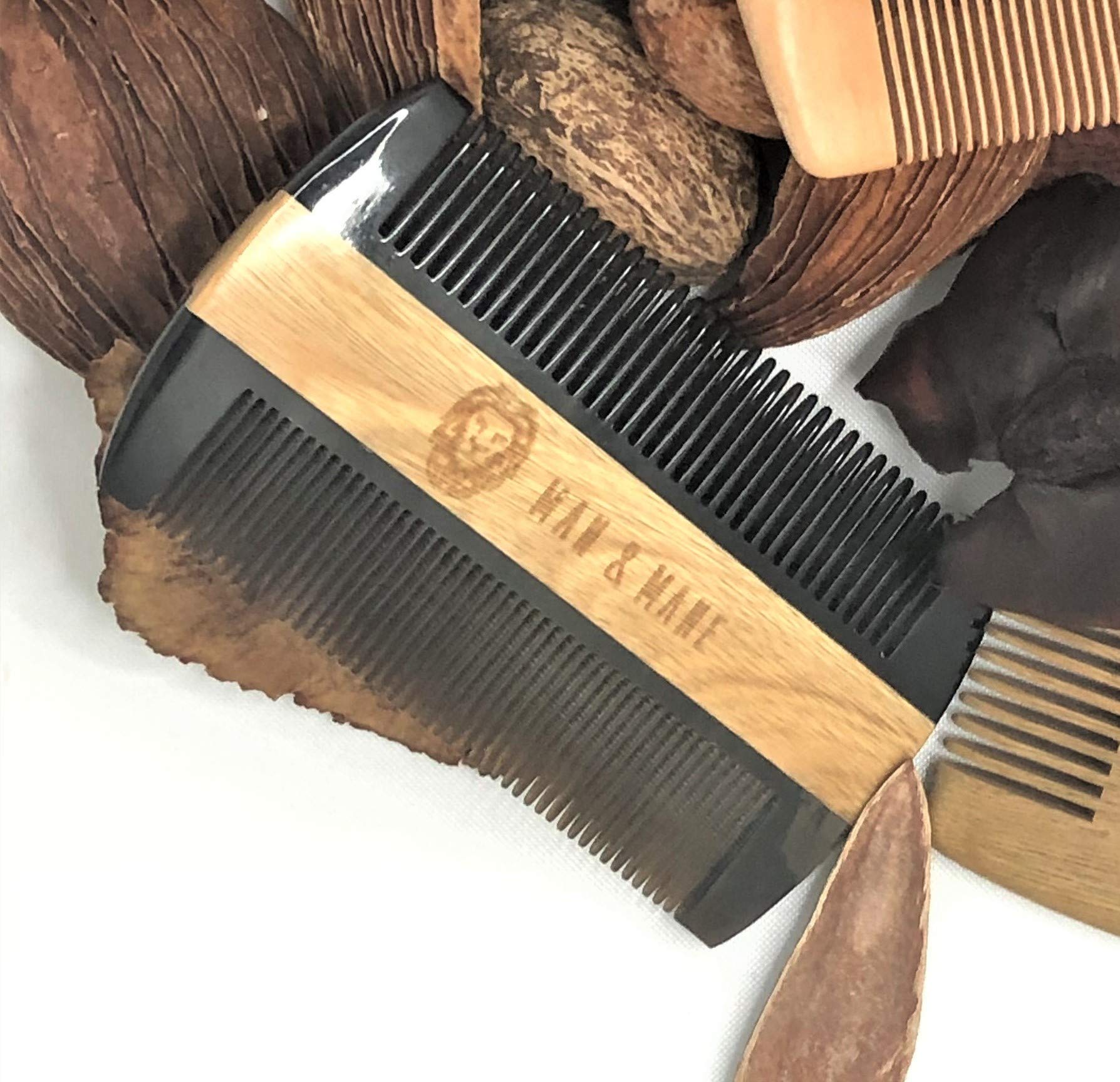 Premium Natural Ox horn and Sandalwood Beard Comb Dual-Action | Double Sided Beard & Mustache Comb with Brown Protective Case | Perfect Grooming Companion & Gift for Men – by Man & Mane