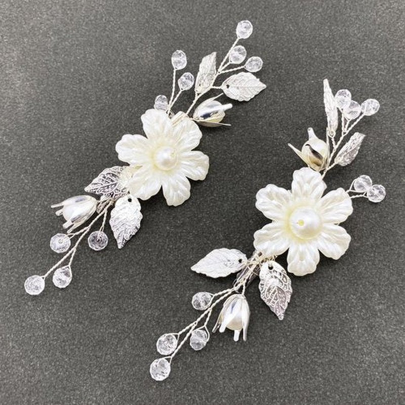 PRETTYLIFE Pearls Flower Hair Clips 2pcs Bridal Ivory Floral Silver Leaf Vine Hair Pieces Accessories for Wedding Women
