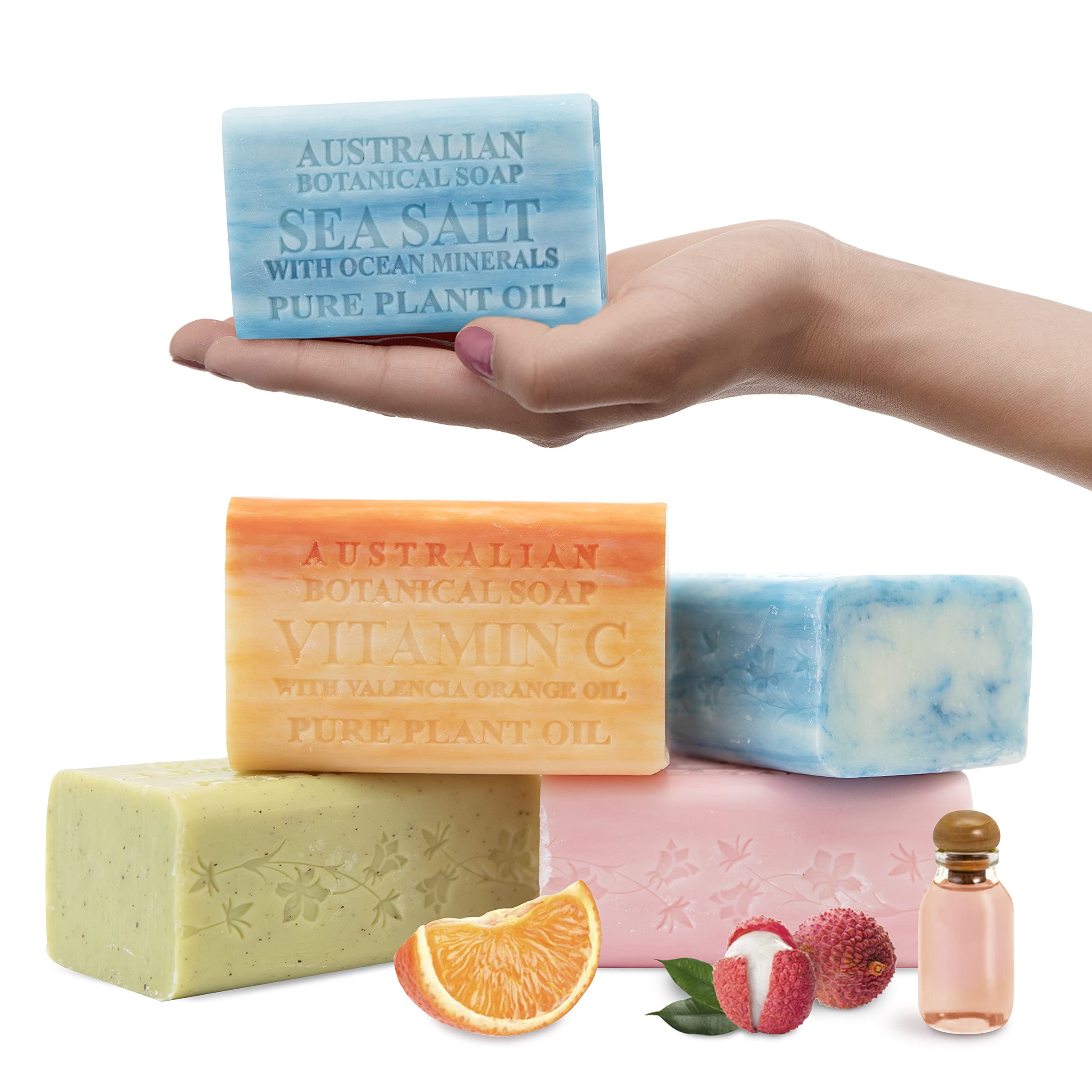 Australian Botanical Soap Vegan Friendly 4 Bar Variety Pack – Sea Salt, Lemongrass, Pink Lychee & Valencia Orange, Triple Milled 6.6 oz Bars with Shea Butter